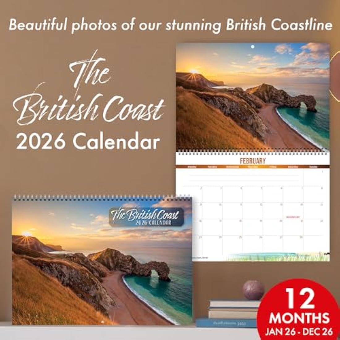 British Coast Calendar 2026, with beautiful scenery from the British Isles. 2026 wall calendar UK, month to view with spiral binding, by Just Cards Direct
