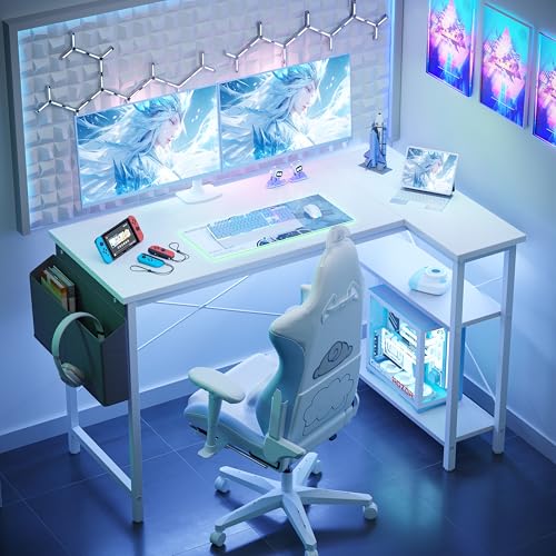 BEXEVUE L Shaped Corner Desk - 120x70 cm Study Office Gaming Desk, Computer Desk Small Writing Table, Large Reversible Storage Shelves, Bookshelf