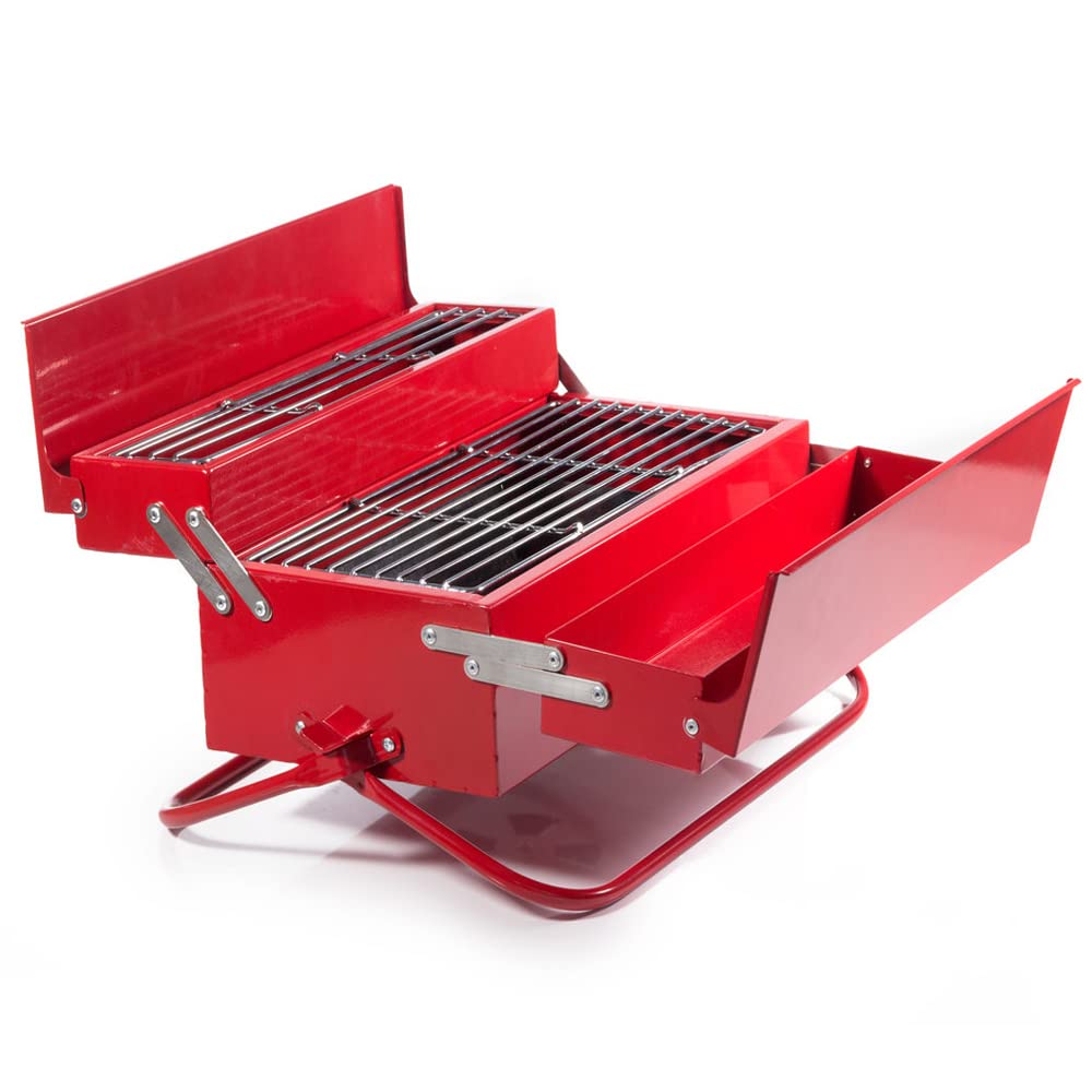 Suck UK BBQ Grill Tool Box Portable BBQ For Camping Stainless Steel Charcoal Retro Set In Toolbox Gifts For Men & Outdoor Dad Gifts Folding