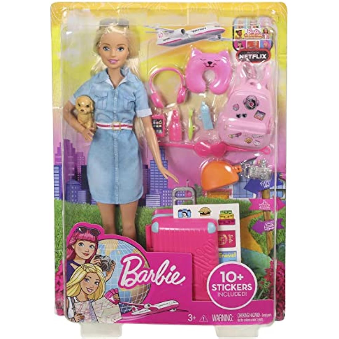 Barbie Travel Doll, Blonde, with Puppy, Opening Suitcase, Stickers and 10+ Accessories, for 3 to 7 Year Olds