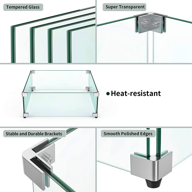 MESIDA 15"x15"x6" Fire Pit Glass Wind Guard, Tempered Glass Firepit Table Shield, Thick and Sturdy, with Hard Aluminum Corner Bracket & Rubber Feet