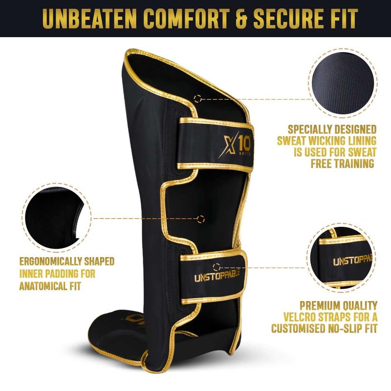 XTEN SPORTS Shin Guards Muay Thai, MMA, Gel Integrated Padding, Training Sparring, Boxing, Kickboxing, BJJ, Taekwondo Protective Gear, Golden, XL