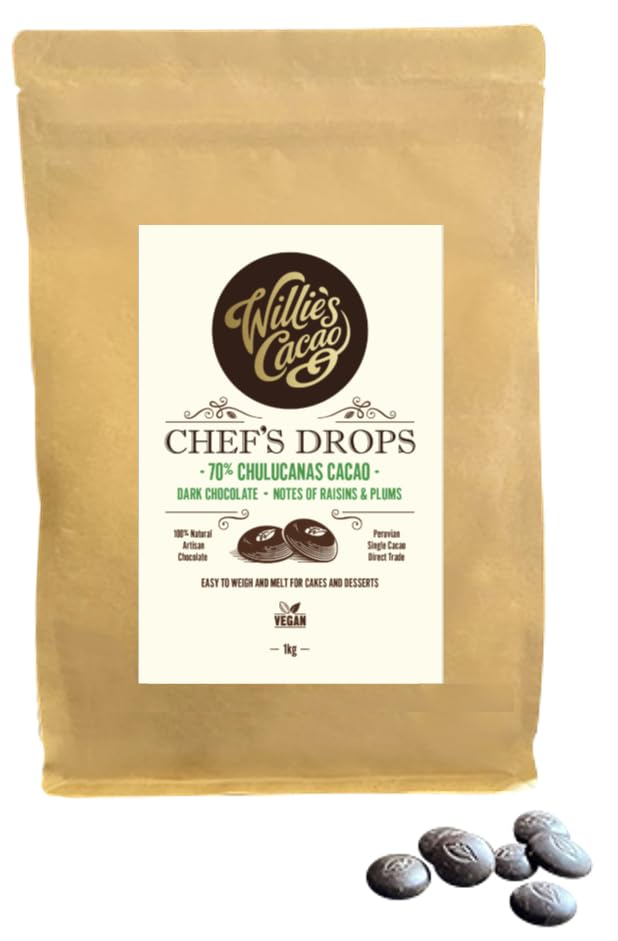 Willie's Cacao - Chulucanas 70% Dark Chocolate Chef's Drops 1kg - Couverture Chocolate with Raisin & plum notes - For cooking & baking - Vegan