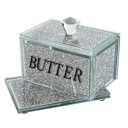 London Boutique Crystal Large Butter Dish Sparkle Crushed Diamond Filled Silver Metal Frame