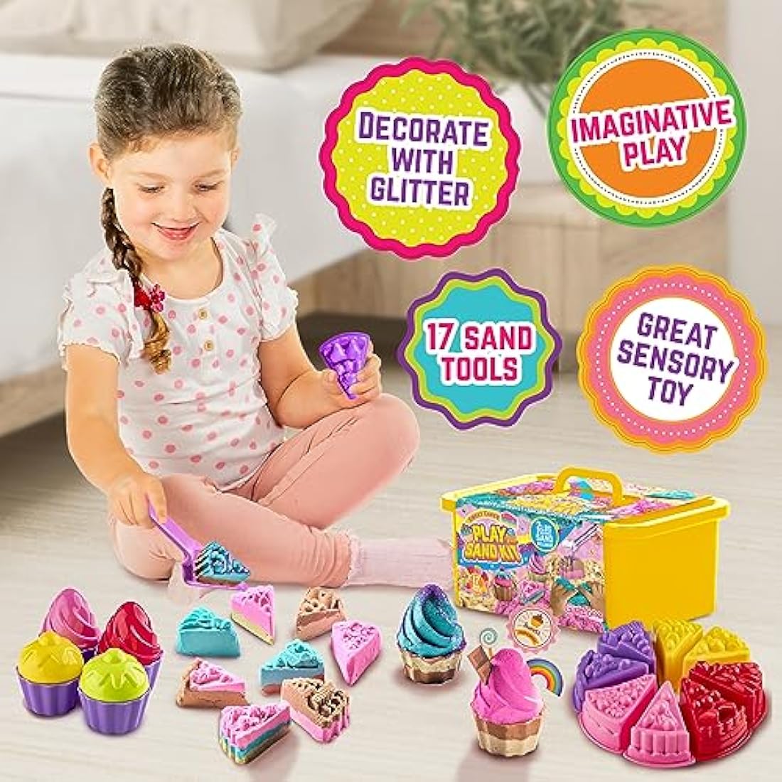 GirlZone Sweet Cakes Play Sand Kit, Play Sand for Kids Sand Pit Kit with 2lbs Mouldable Coloured Sand & 17 Sand Tools, Sand Toys for Toddlers Age 3-5