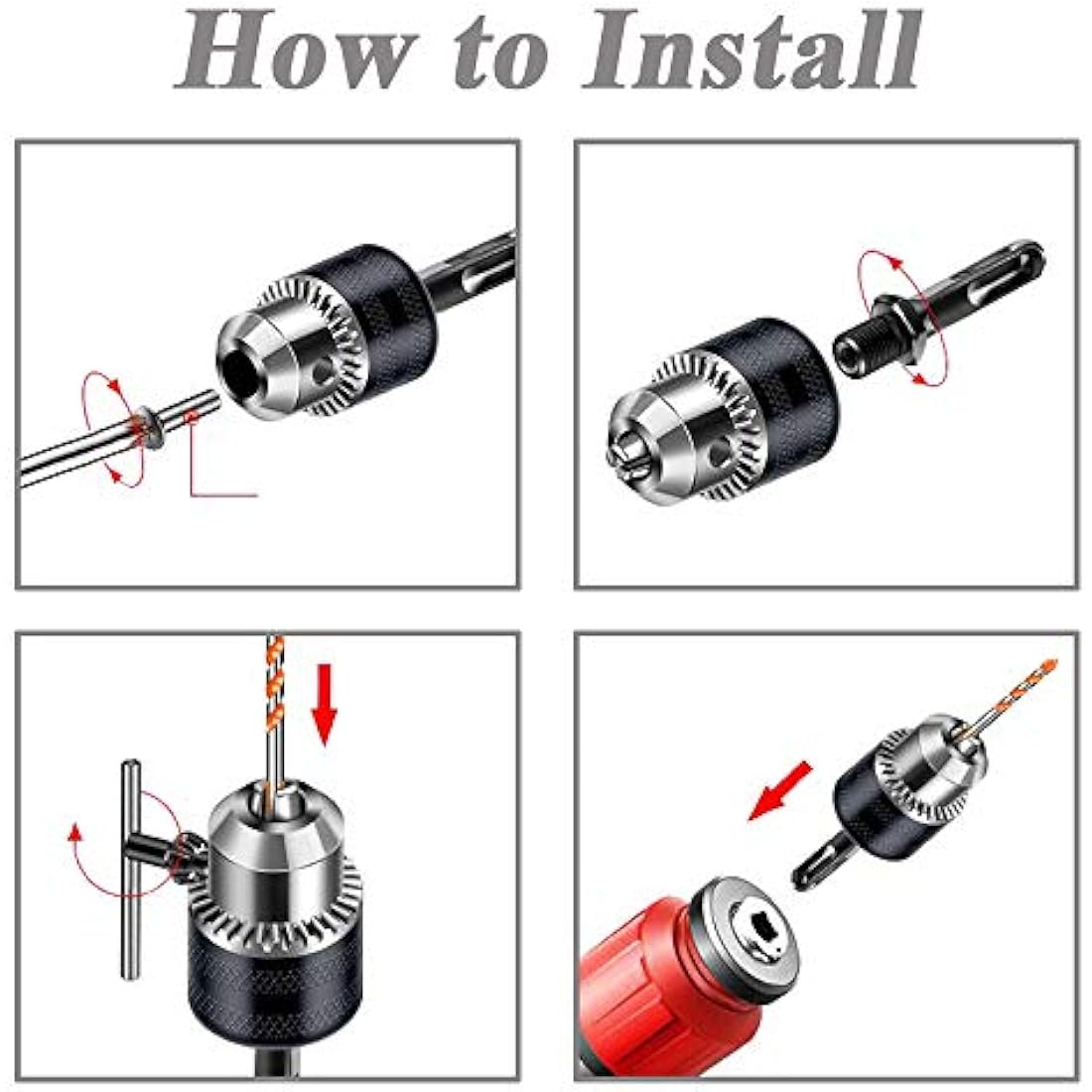 Mesee 1.5-10mm Capacity Drill Chuck SDS Plus Adapter, Mount 3/8-24UNF Quick Change Converter Impact Drive Bits Conversion Tool With Key