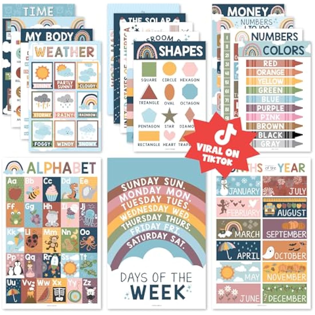 Hadley Designs 16 Boho Kids Educational Posters for Toddlers - Teacher Posters for Classroom Posters Elementary, Pre K Learning Posters for Toddlers 1-3