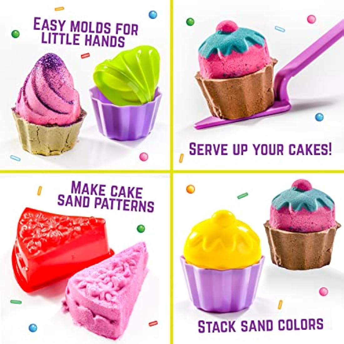 GirlZone Sweet Cakes Play Sand Kit, Play Sand for Kids Sand Pit Kit with 2lbs Mouldable Coloured Sand & 17 Sand Tools, Sand Toys for Toddlers Age 3-5