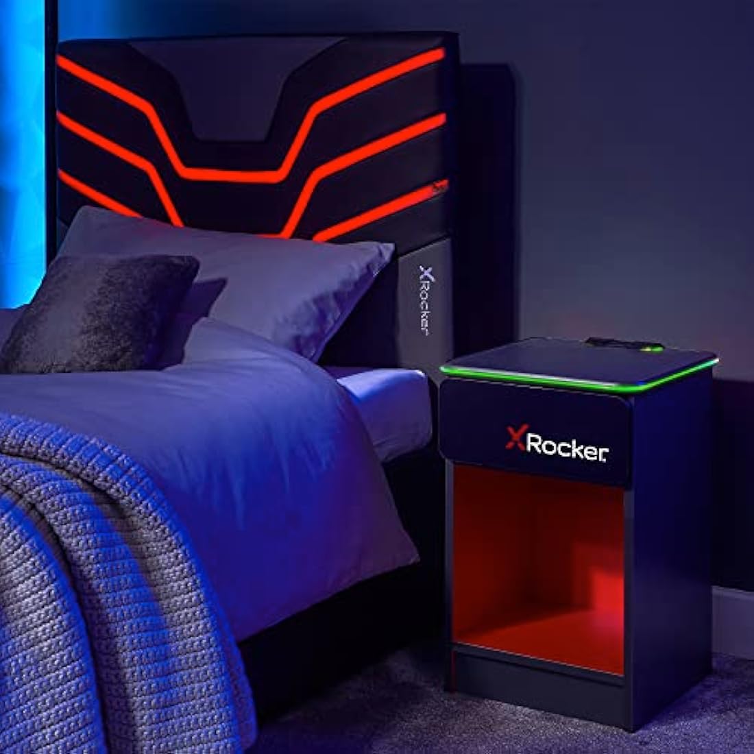 X-Rocker Carbon-Tek Gaming Bedside Table Unit with Built-in Wireless Charging and Ambient RGB Lighting, Gaming Bedroom Furniture Side Cabinet End Table with Drawer and Storage Shelf - GREY/RED