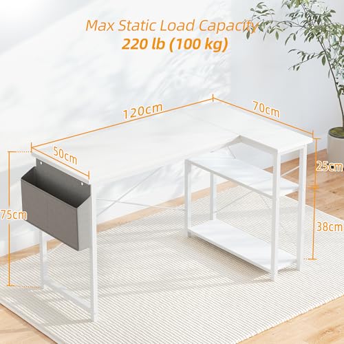 BEXEVUE L Shaped Corner Desk - 120x70 cm Study Office Gaming Desk, Computer Desk Small Writing Table, Large Reversible Storage Shelves, Bookshelf