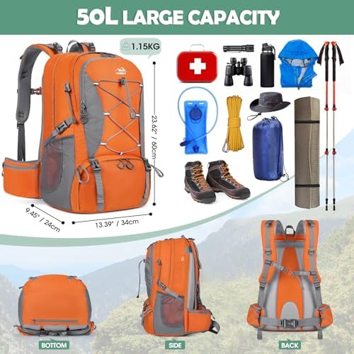 NUBILY Hiking Backpack 50L Waterproof Camping Backpack with Large Shoes Compartment and Wet Pocket Rucksack for Men Women Camping Backpack Lightweight Travel Backpack for Outdoor Sports