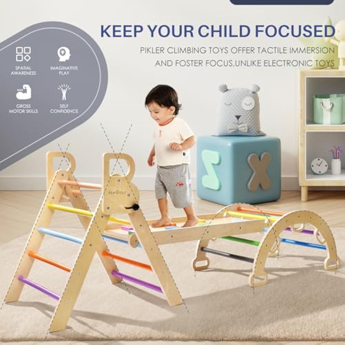 BlueWood Triangle Set, 7-in-1 Foldable Wooden Toddler Climbing Toys Indoor Playground Jungle Gym Montessori Climber for 2-6 Years Old, Baby, Kids (Rainbow)
