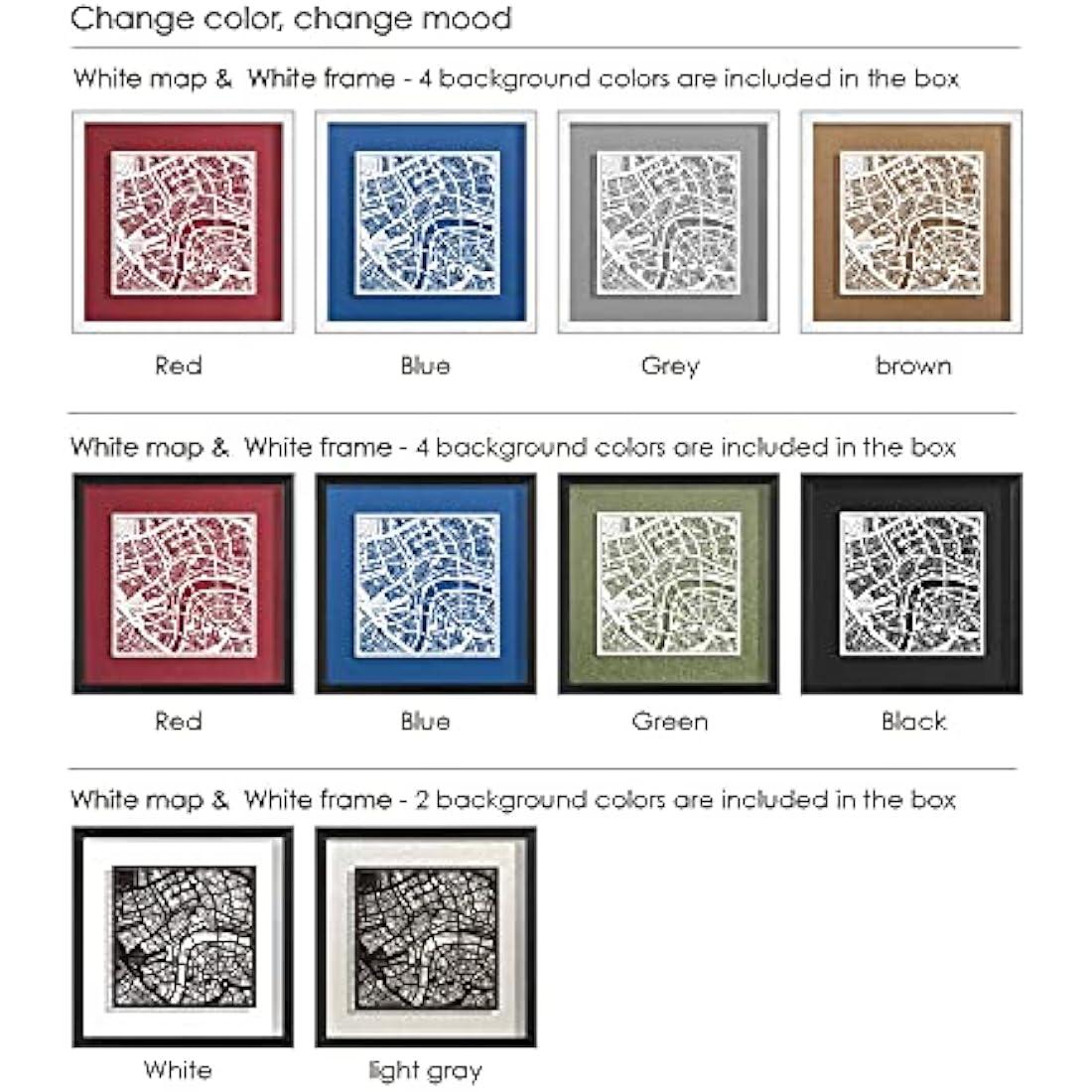 O3 DESIGN STUDIO Paris Paper Cut Map framed, White map, White frame, 9x9 inches, Gift Boxed, 4 background color, self-changing, Paper Art