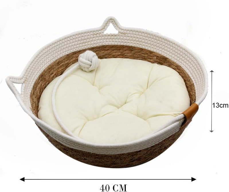 Rukuapid Rattan Cat Basket Bed with Cotton Cushion and Pillow, Wicker Kitten Basket with Toy Ball, Round Cat Beds for Indoor Cats Woven Cat Sleeping