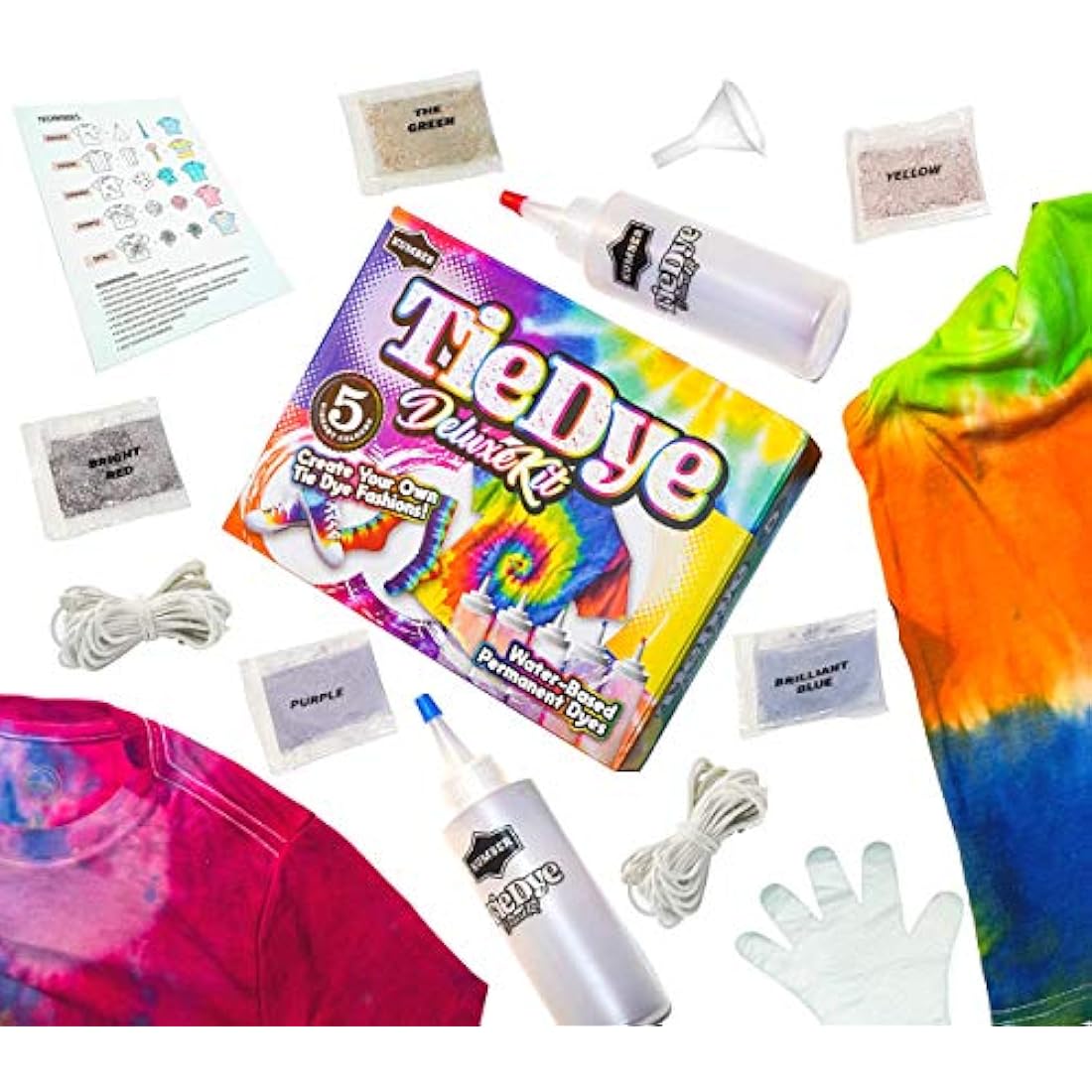 KUMBER Tie Dye Kit Kids - 5 Colours with Extra Dye Powder, Rubber Bands, Gloves and Funnel - Art and Craft Set for Dyeing Clothes, Creative Games & Activities - Suitable for Kids and Adults