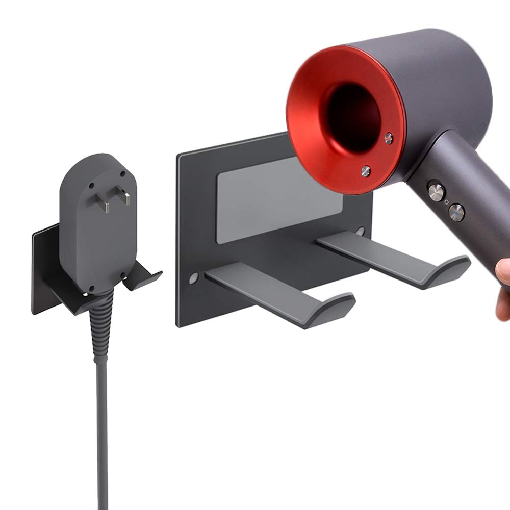 XIGOO Hair Dryer Holder, Hairdryer Holder Station Wall Mounted Black Hair Dryer Stand Adhesive or Drilling Hairdressing Dryer Hanger Hair Tool