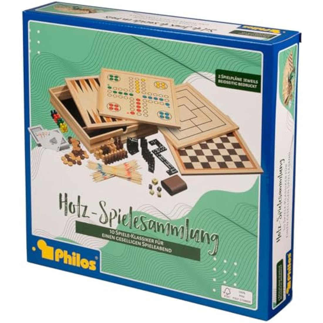 Philos Wooden Game Compendium - 30cm - 8 in 1 Board Game - Chess, Backgammon, Draughts, Nine Mens Morris, Ludo, Dominoes, Playing cards and Mikado - Games for kids and adults