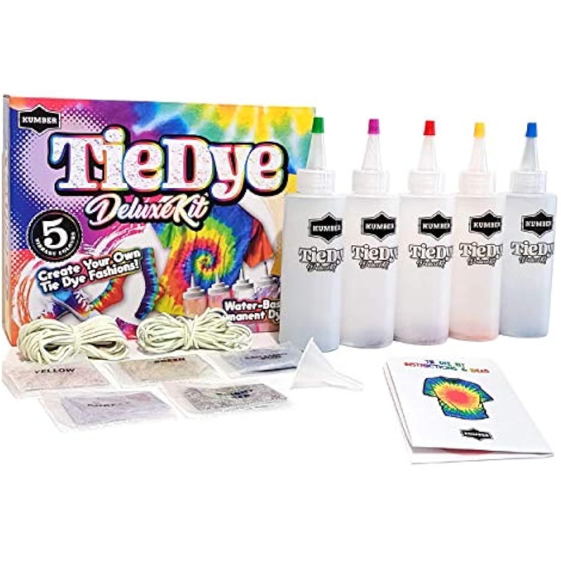 KUMBER Tie Dye Kit Kids - 5 Colours with Extra Dye Powder, Rubber Bands, Gloves and Funnel - Art and Craft Set for Dyeing Clothes, Creative Games & Activities - Suitable for Kids and Adults