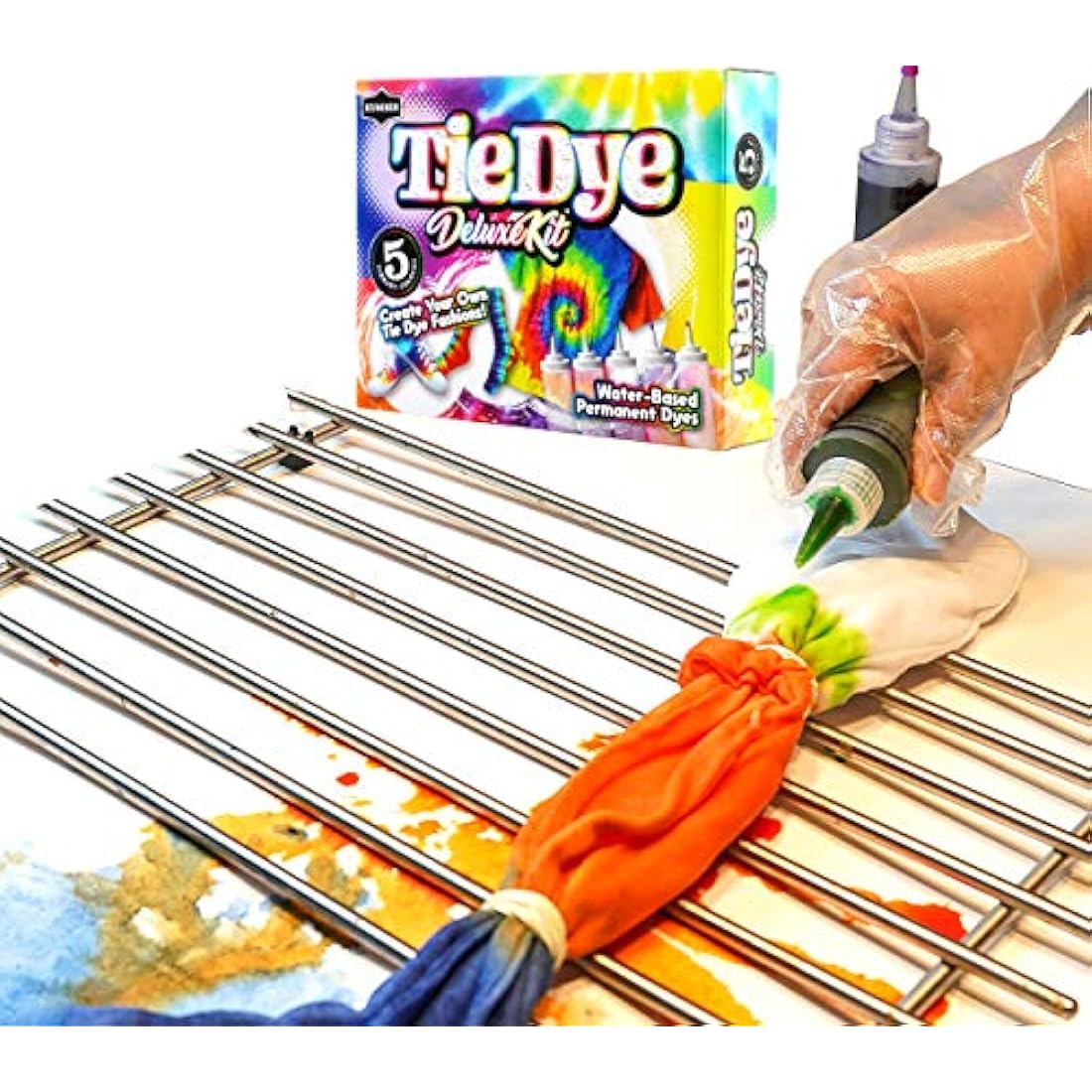 KUMBER Tie Dye Kit Kids - 5 Colours with Extra Dye Powder, Rubber Bands, Gloves and Funnel - Art and Craft Set for Dyeing Clothes, Creative Games & Activities - Suitable for Kids and Adults