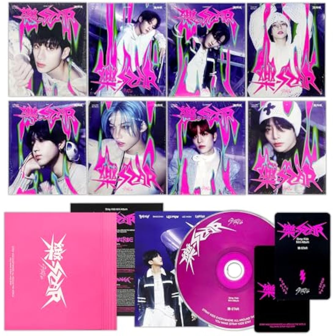 Stray Kids - -Rock-STAR (POSTCARD Ver. - SET) Out Box + Postcard Set + CD-R + Lyrics Paper + Mini Folded Poster + Photocard + 8 Smart Cleaner