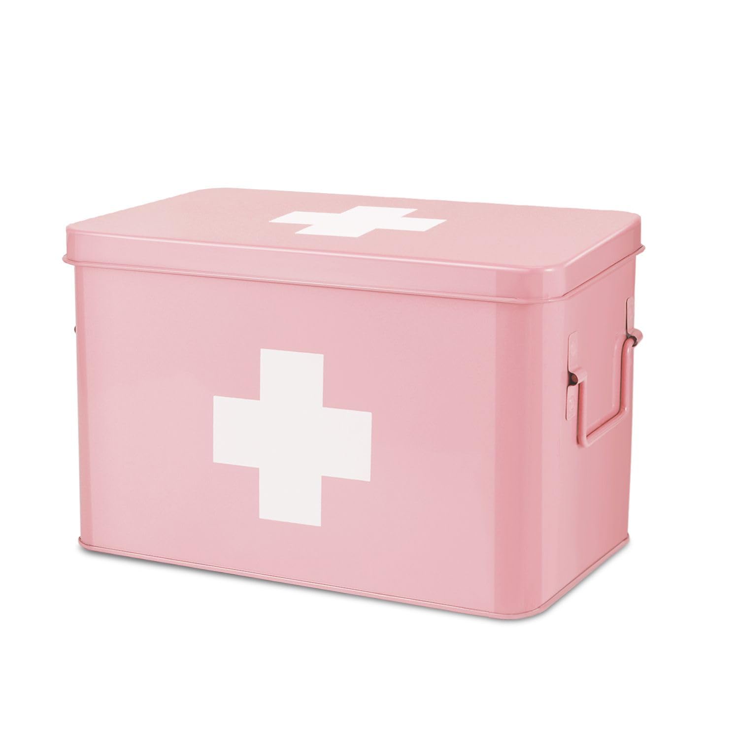 Flexzion Vintage First Aid Kit - 13" Pink Metal Box with Dividers, Removable Tray and White Cross Logo