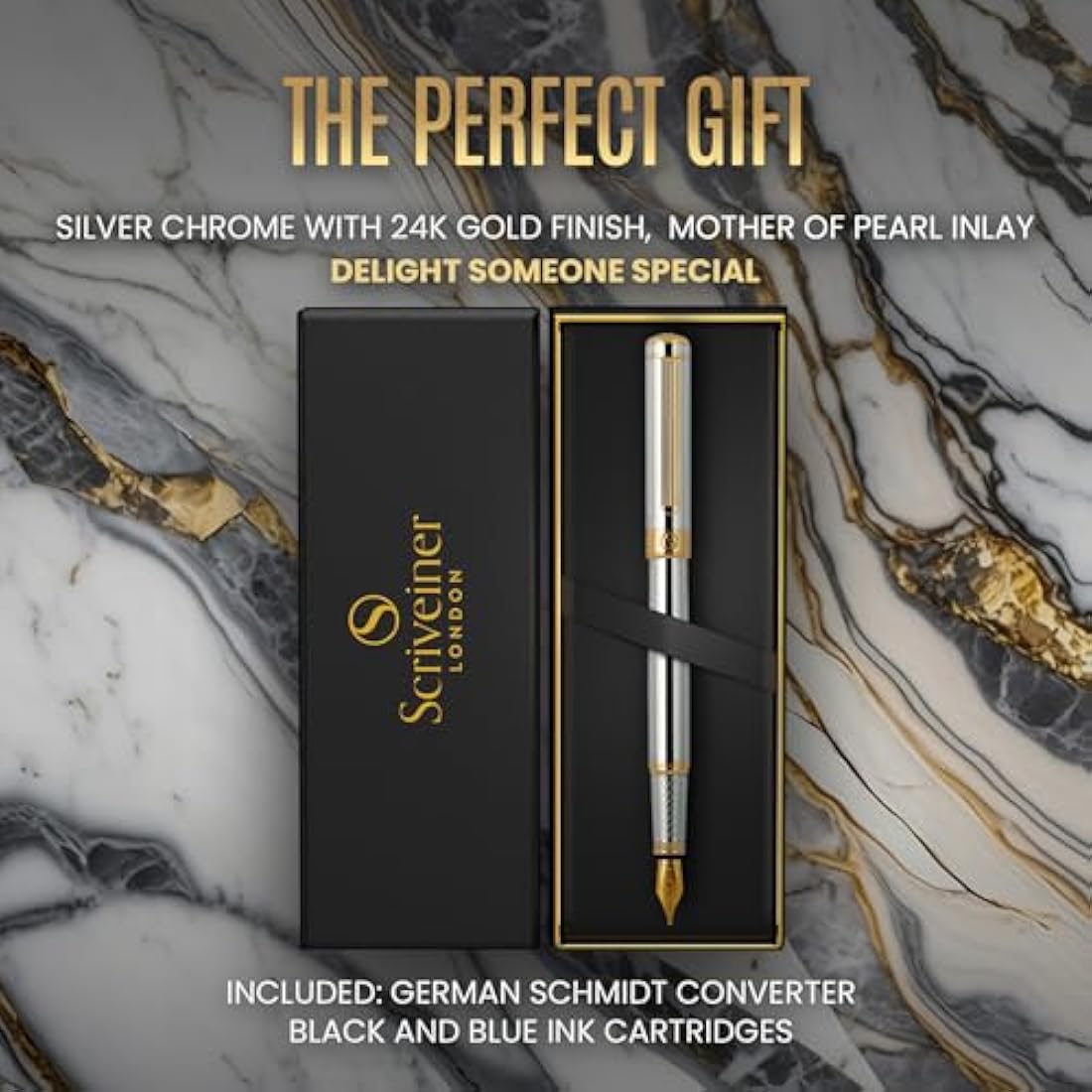 Scriveiner Silver Chrome Fountain Pen - Stunning Luxury Pen, Real Gold Plating, Schmidt Gilded Nib (Extra Fine), Best Pen Gift Set for Men & Women Professional Executive Office Nice Designer Pen