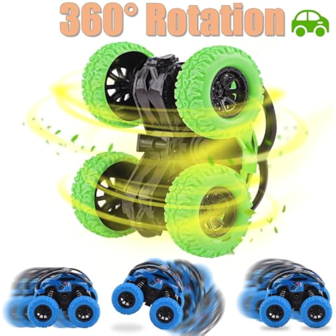 2 Pack Toy Cars For Toddlers 2+, 360 Degree Rotation Push And Go Vehicle, Kids Pull Back Cars Racing Game Toys Gift For 3 4 5 6 Toddler (Blue+Green)