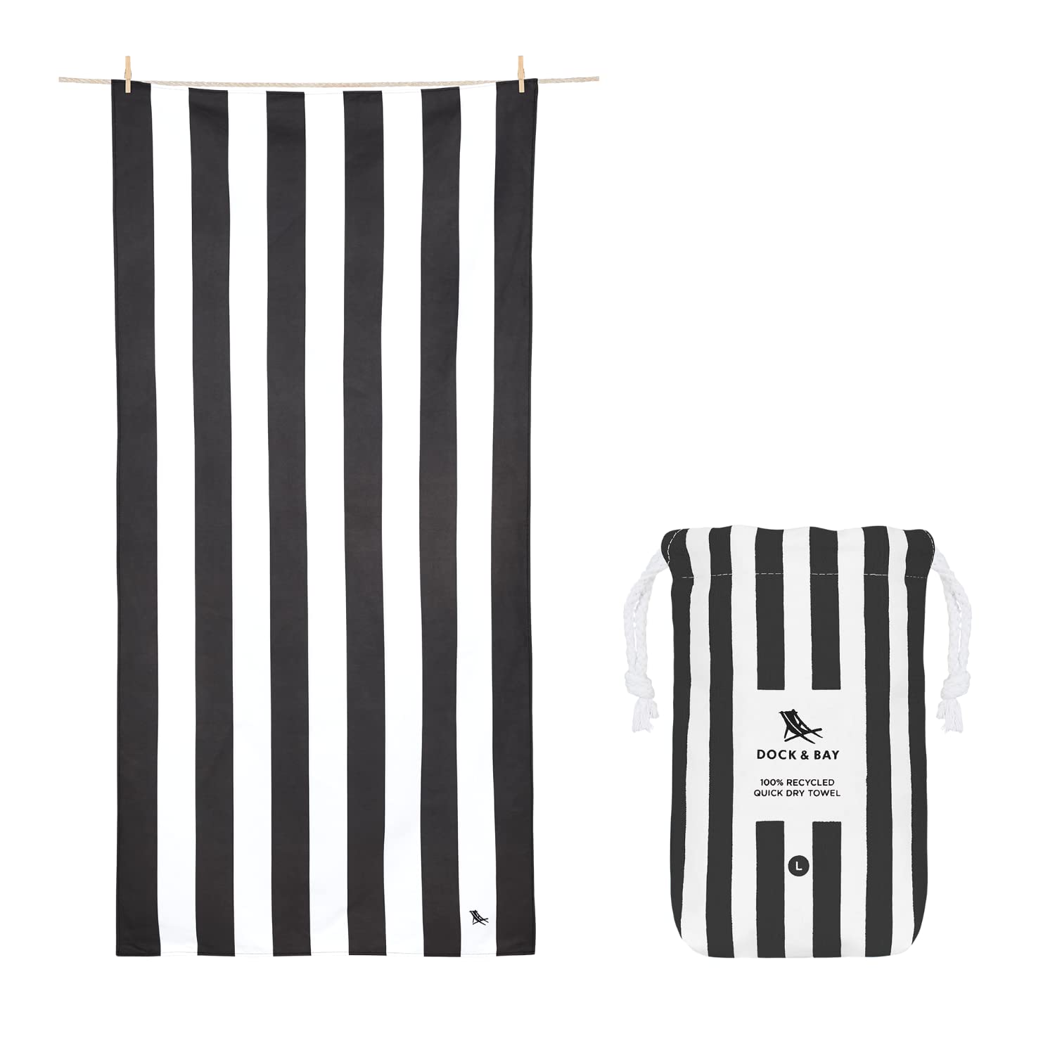 Dock & Bay Beach Towel - Quick Dry, Sand Free - Compact, Lightweight - 100% Recycled - Includes Bag - Cabana - Kamari Charcoal - Large (160x90cm,