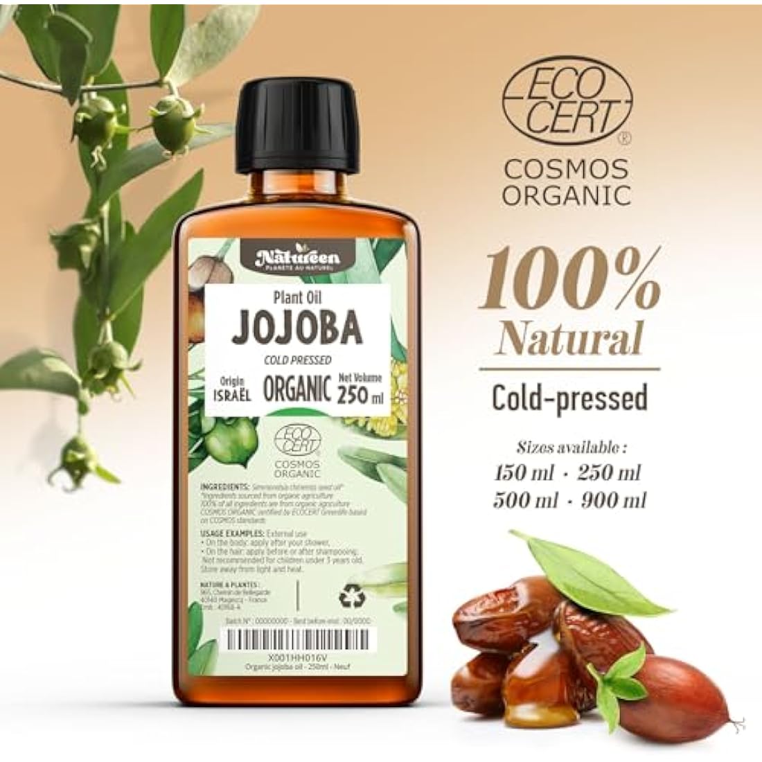 Organic Jojoba oil 900 ml - Pure & Natural - Cold Pressed