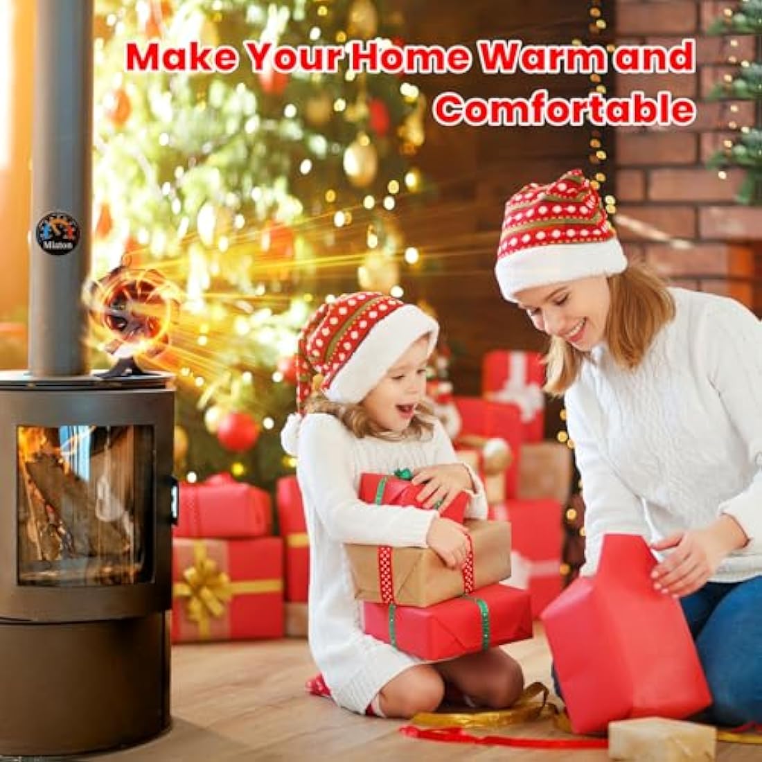 Miaton Log Burner Fan Silent Operation | 6-Blade Stove Fans for Wood Burner | Heat Powered Wood Burning Stove Fan with Log Burner Thermometer | Fireplace Accessories Tools