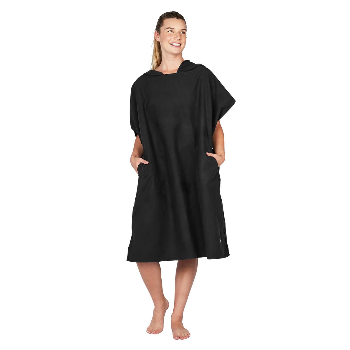 Dock & Bay Adult Beach Poncho - Hooded Towel with Deep Pockets - For Beach & Pool - Super Absorbent, Quick Dry - Fuji Black, Medium (90x70cm, 35x28)