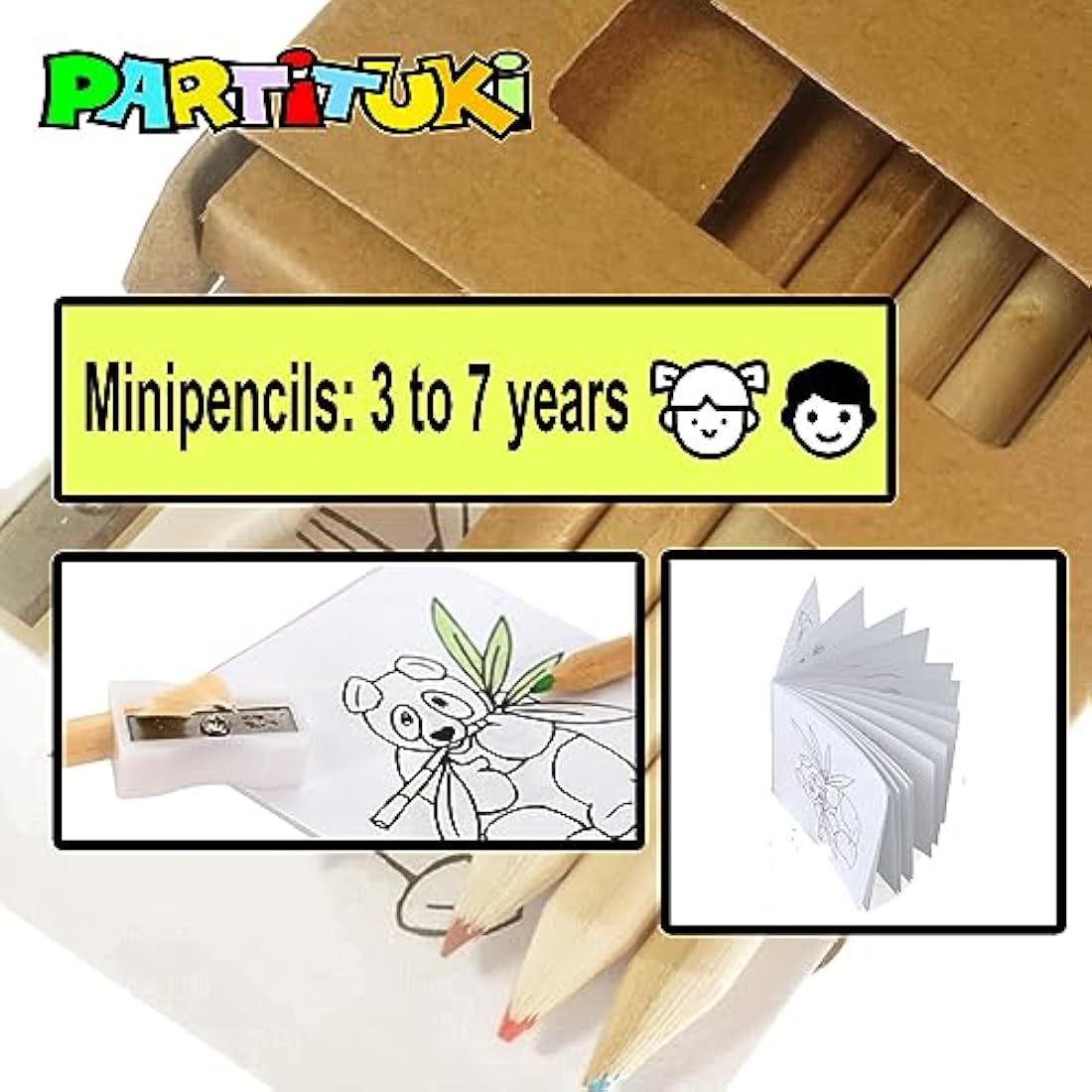 50 Boxes of 6 Mini Colored Pencils, 1 Mini Coloring Book and 1 Pencil Sharpener. In total: 300 Mini Pencils, 50 Mini Children's Books and 50 Pencil Sharpeners