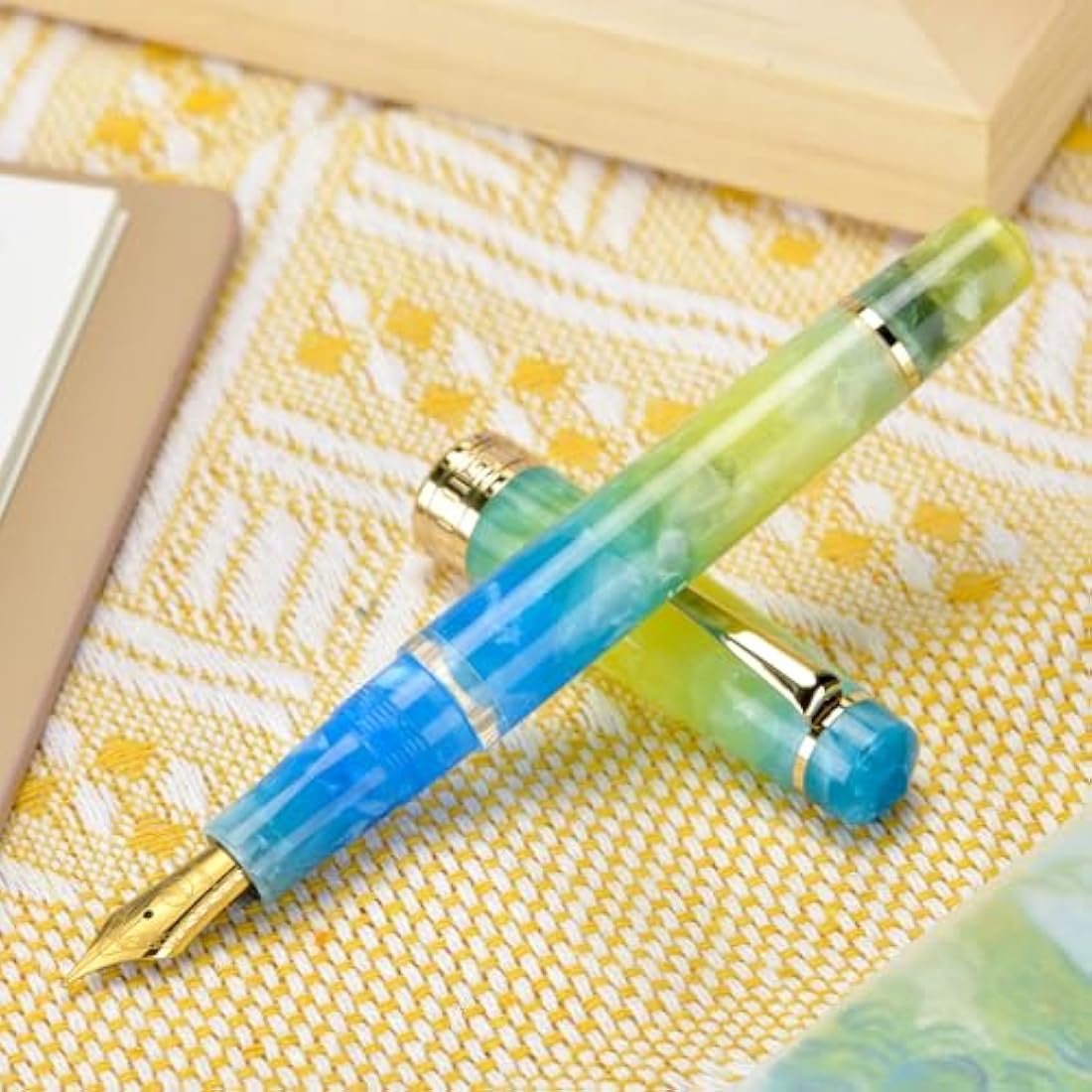 Asvine P20 Piston Fountain Pen Gradual Yellow Resin, Iridium Extra Fine Nib Gold Trim Smooth Writer Collection with Case Set