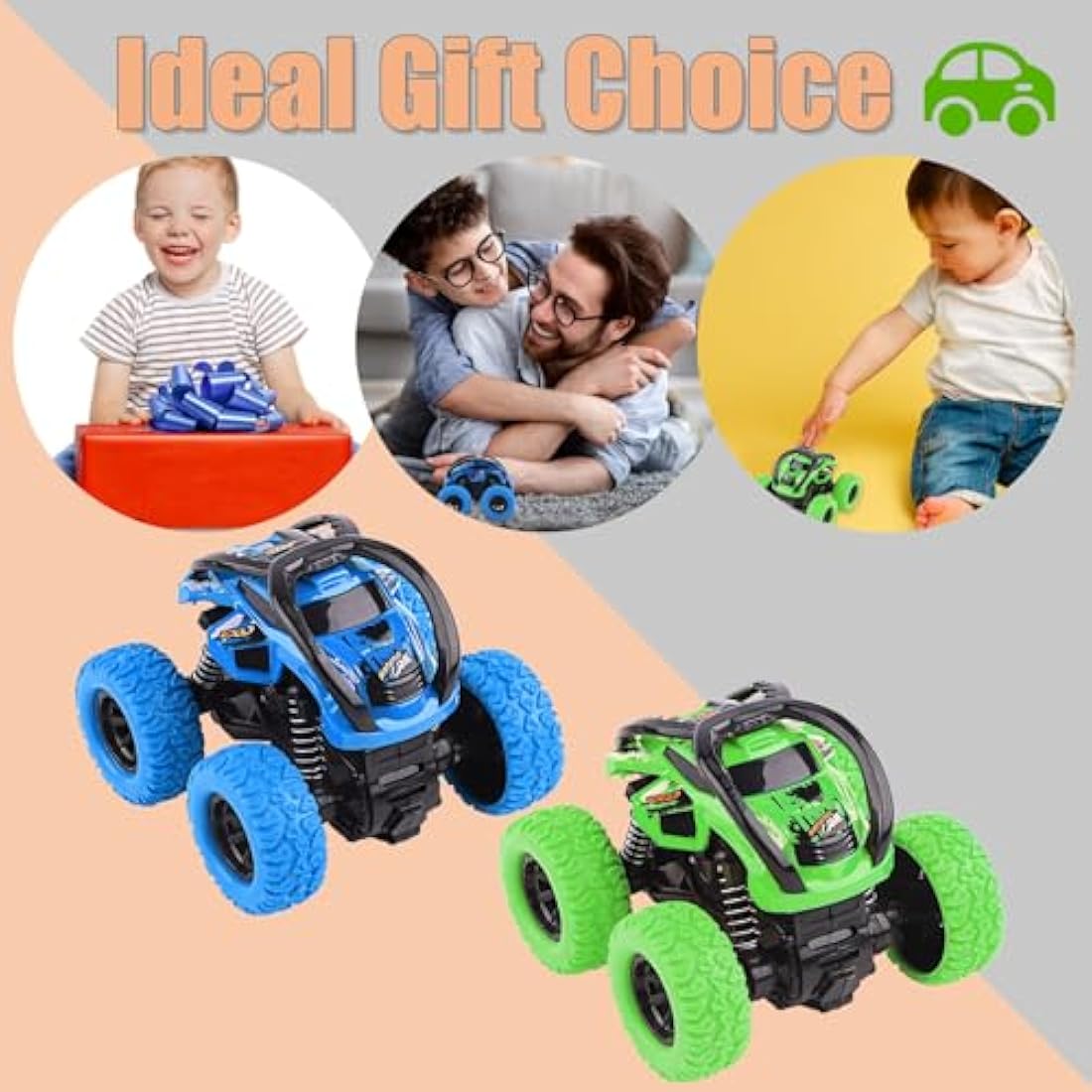 2 Pack Toy Cars For Toddlers 2+, 360 Degree Rotation Push And Go Vehicle, Kids Pull Back Cars Racing Game Toys Gift For 3 4 5 6 Toddler (Blue+Green)