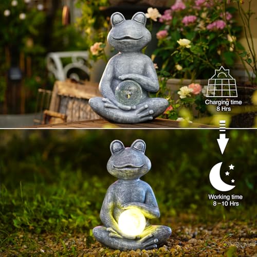 Solar Outdoor Garden Meditating Yoga Frog Statue With Gazing Solar Ball- Frog Gifts for Women/Mom, Zen Garden Frog Figurines for Home,Garden