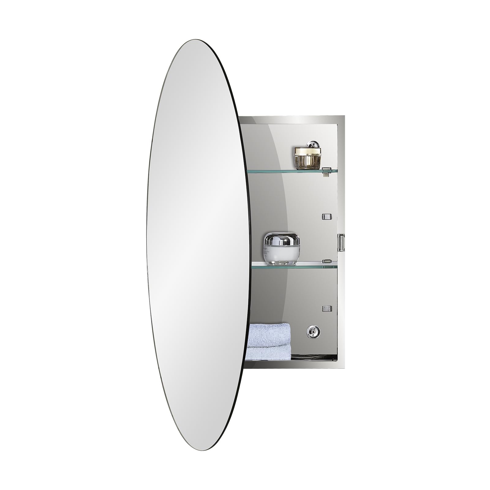 Fundin Bathroom Mirror Cabinet with Oval Mirrored Door, Adjustable Tempered Glass Shelves, Surface Mounted, 45cm W x 65cm H, Mirrored Finish