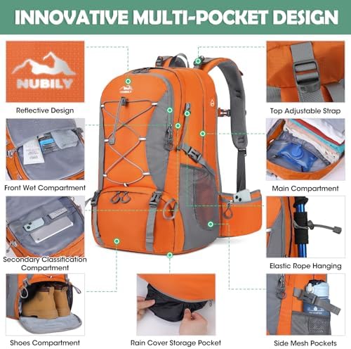 NUBILY Hiking Backpack 50L Waterproof Camping Backpack with Large Shoes Compartment and Wet Pocket Rucksack for Men Women Camping Backpack Lightweight Travel Backpack for Outdoor Sports
