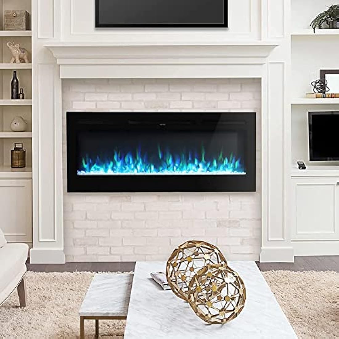 INMOZATA Electric Fire Wall Mounted Recessed Insert 40 50 60 inch Electric Fireplace with Touch Remote Control 9 LED Color Flame Effect Electric Fire Heater, Crystal and Log Set