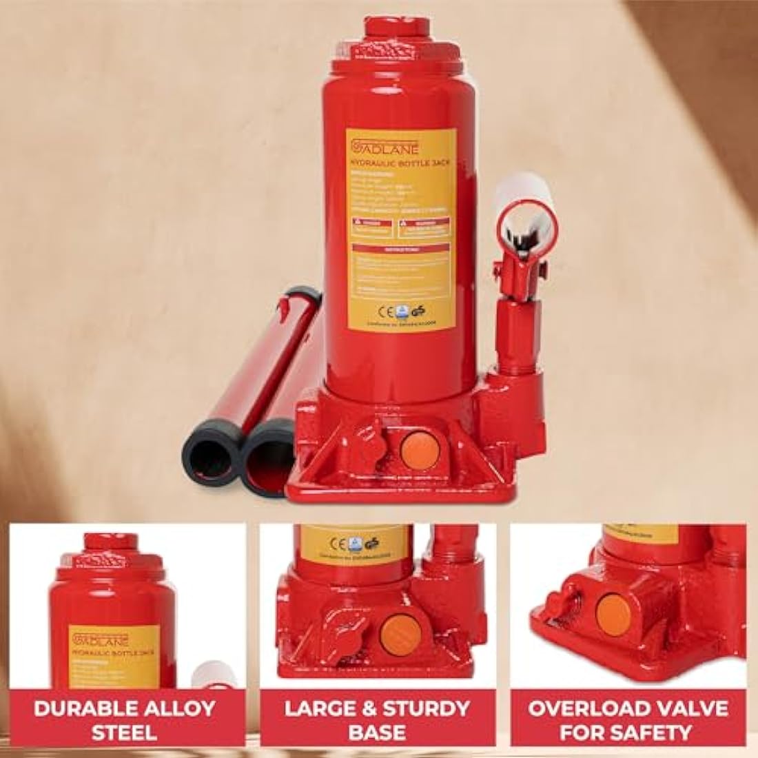 GADLANE Hydraulic Bottle Jack 2 Tonne - Powerful, Durable Alloy Steel Hydraulic Jack with 2 Tonnes Lifting Capacity (2000kg), Safety Overload Valve & Quick-Fit Handle - For Small Cars/Vans - 2 Tonne