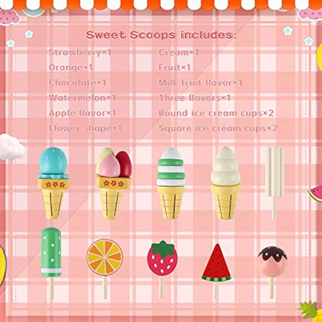Wondertoys Wooden Ice Cream Stand Pretend Play Kitchen Food Toy Set