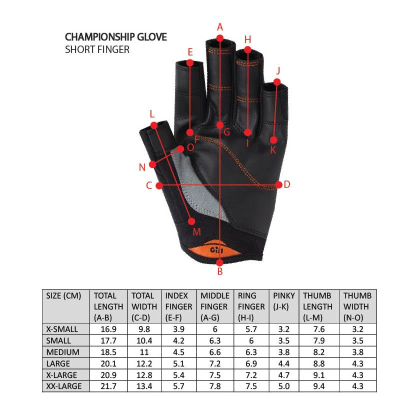 Gill Championship Sailing Gloves - Short Finger with Length Fingers - Dura-Grip Fabric, 50+ UV Sun Protection & Water Repellent