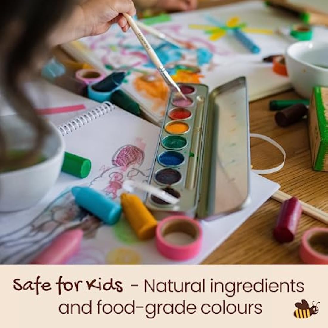 Honeysticks Non Toxic Watercolour Paint Set for Kids and Toddlers - 8 Vibrant and Long Lasting Colours with Brush - Natural and Food Grade Ingredients - Child Safe Art Supplies - Great Gift Idea