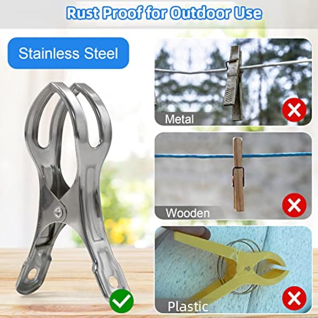Coideal Beach Towel Pegs Clips - 10 Pack Large Stainless Steel Clothespins, Giant Heavy Duty Clothes Clamps for Sun Loungers Pool Cover