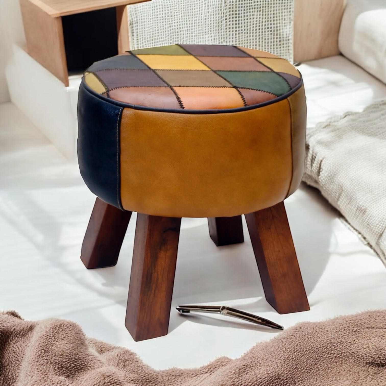 42CM LEATHER STOOL Harlequin diamond pattern