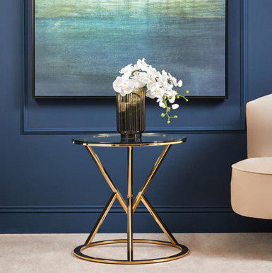Champagne Gold Stainless Steel Base Round End Table with Tempered Glass Top, Allure