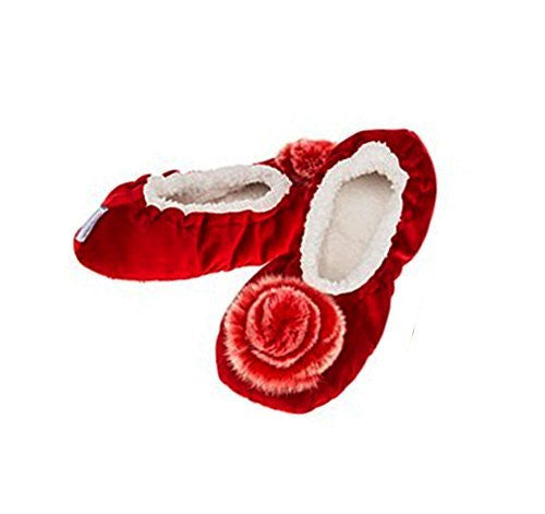 Luxury Deep Red Velvet Fur effect Pom Pom Snoozies Slippers Ladies (MEDIUM UK 5-6)