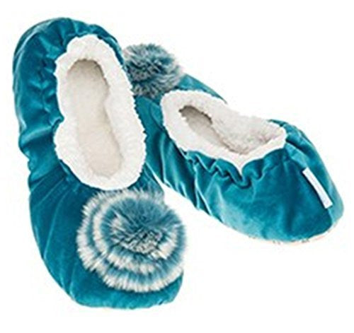Luxury Teal Velvet Fur effect Pom-Pom Snoozies Ballet Slippers - Ladies UK Sizes 3 to 7 (LARGE UK 6-7)