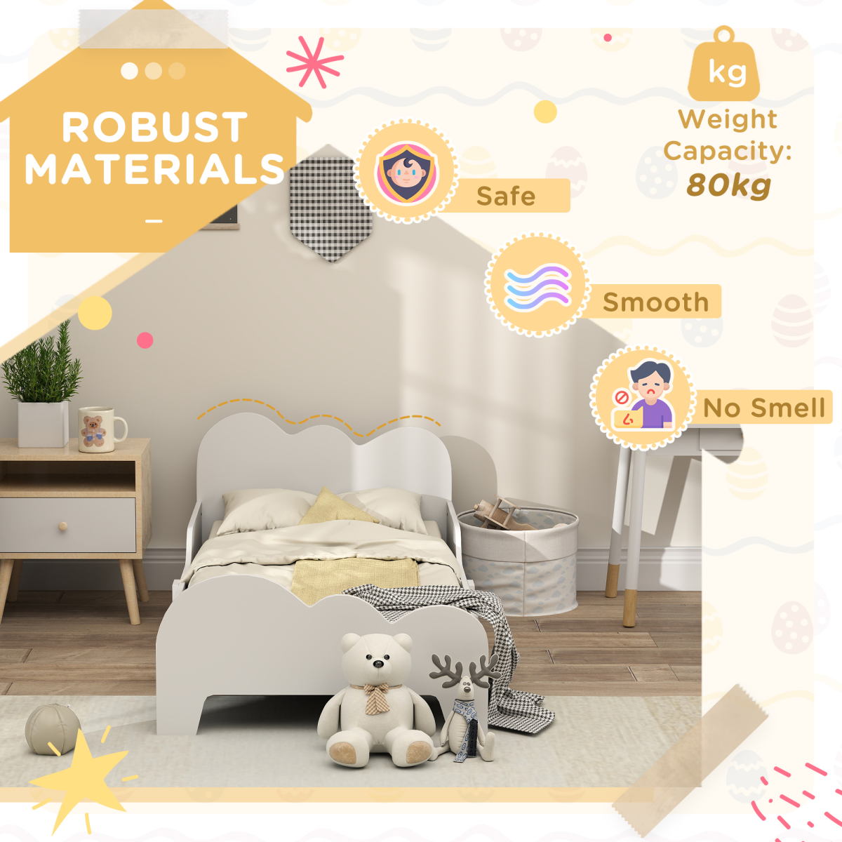 AIYAPLAY Cloud-Themed Toddler Bed with Safety Rails, 143.5 x 74.5 x 56cm