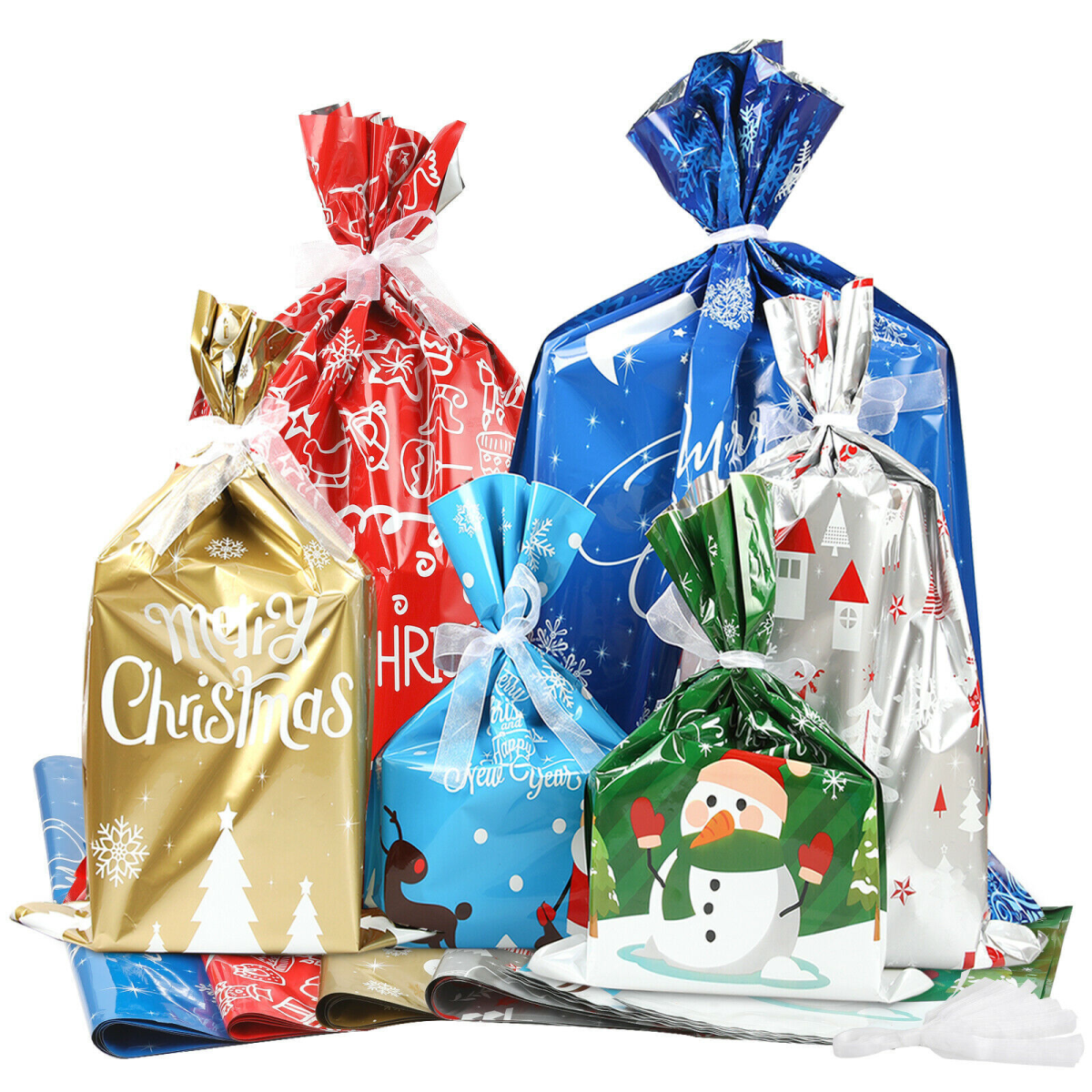 30pcs Christmas Gift Bags Santa Printed Packaging Xmas Treat Foil Drawstring Bag