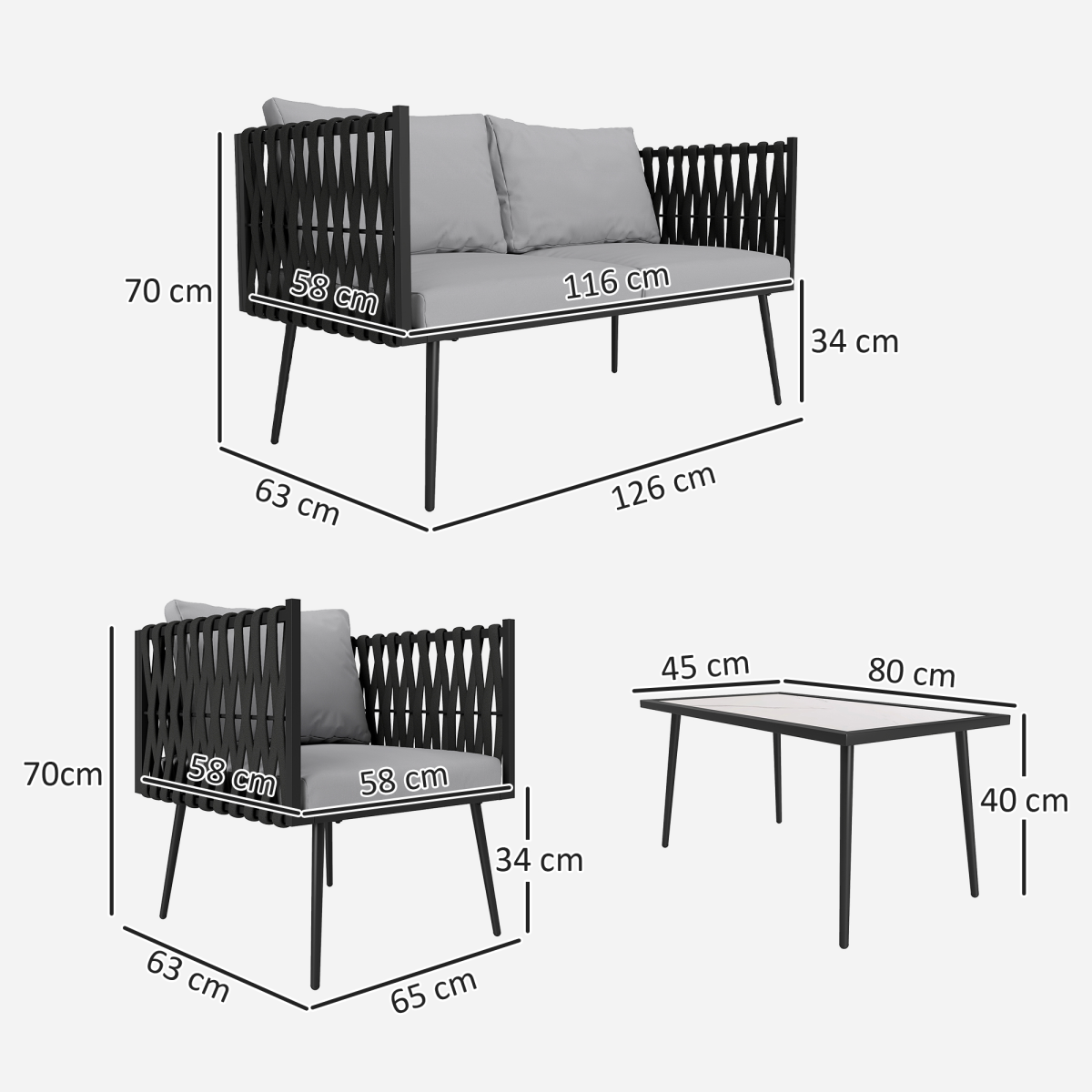 Outsunny 4 Piece Garden Furniture Set with Cushions for Patio, Light Grey